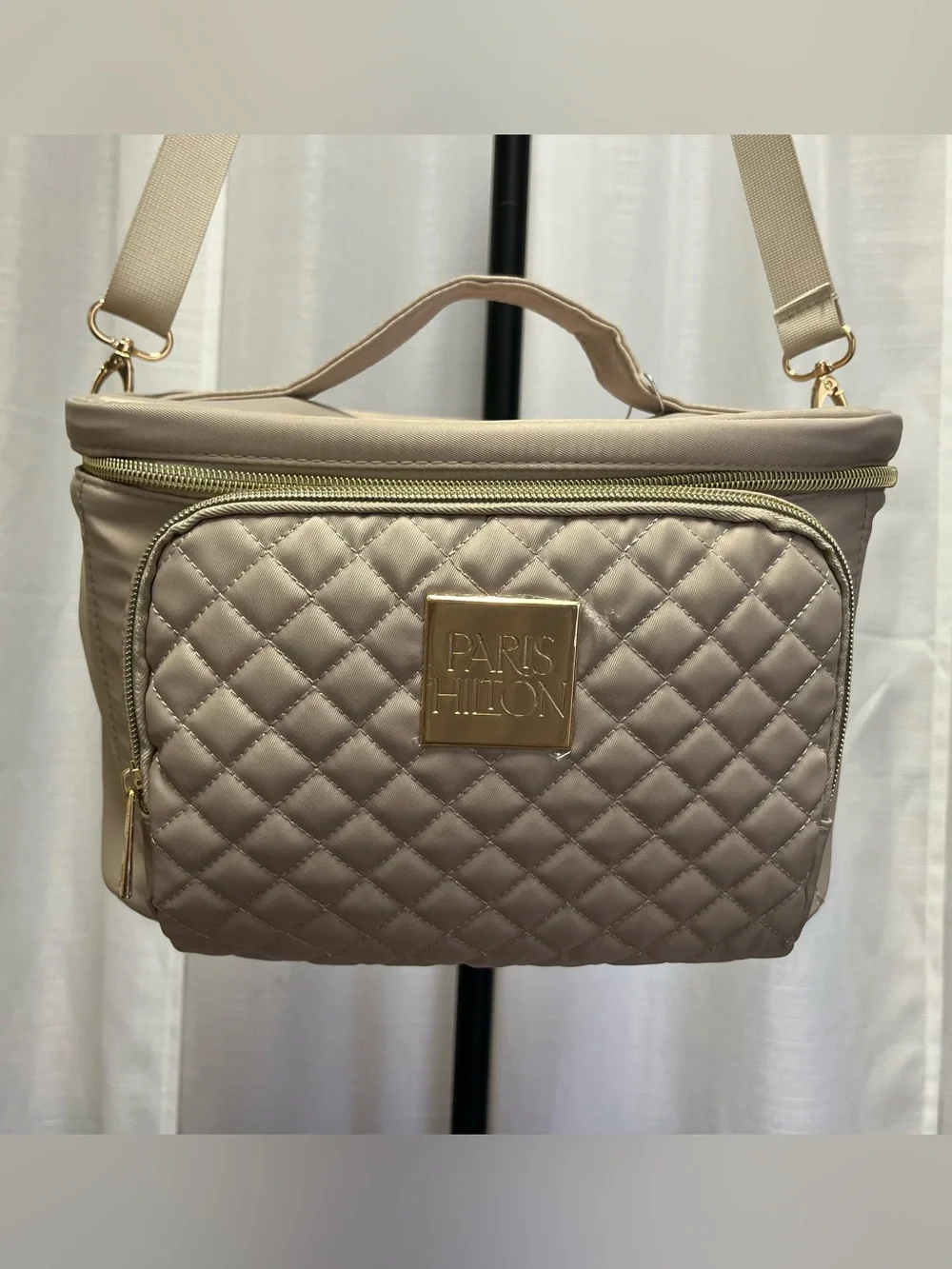 Paris Hilton quilted taupe travel cosmetic case